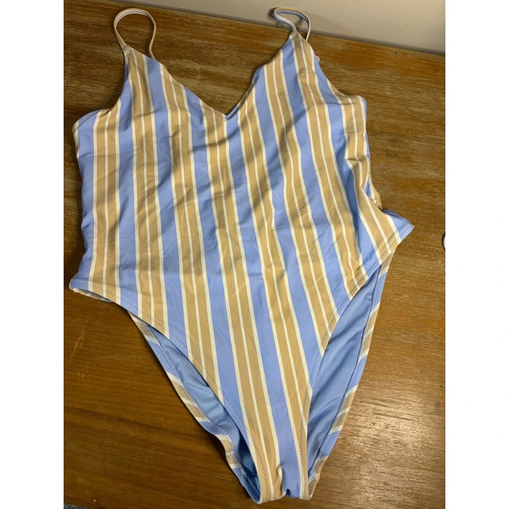 Aerie Real Good‎ Blue Tan Striped Scoop One Piece Swimsuit XL UPF 50 Ribbed